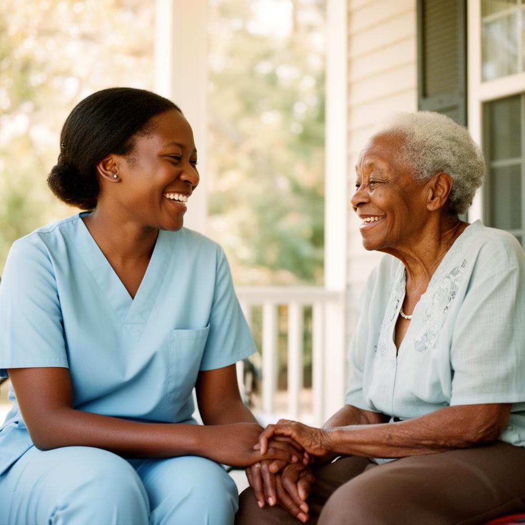 Caregiver laughing with an elderly woman on a sunny porch