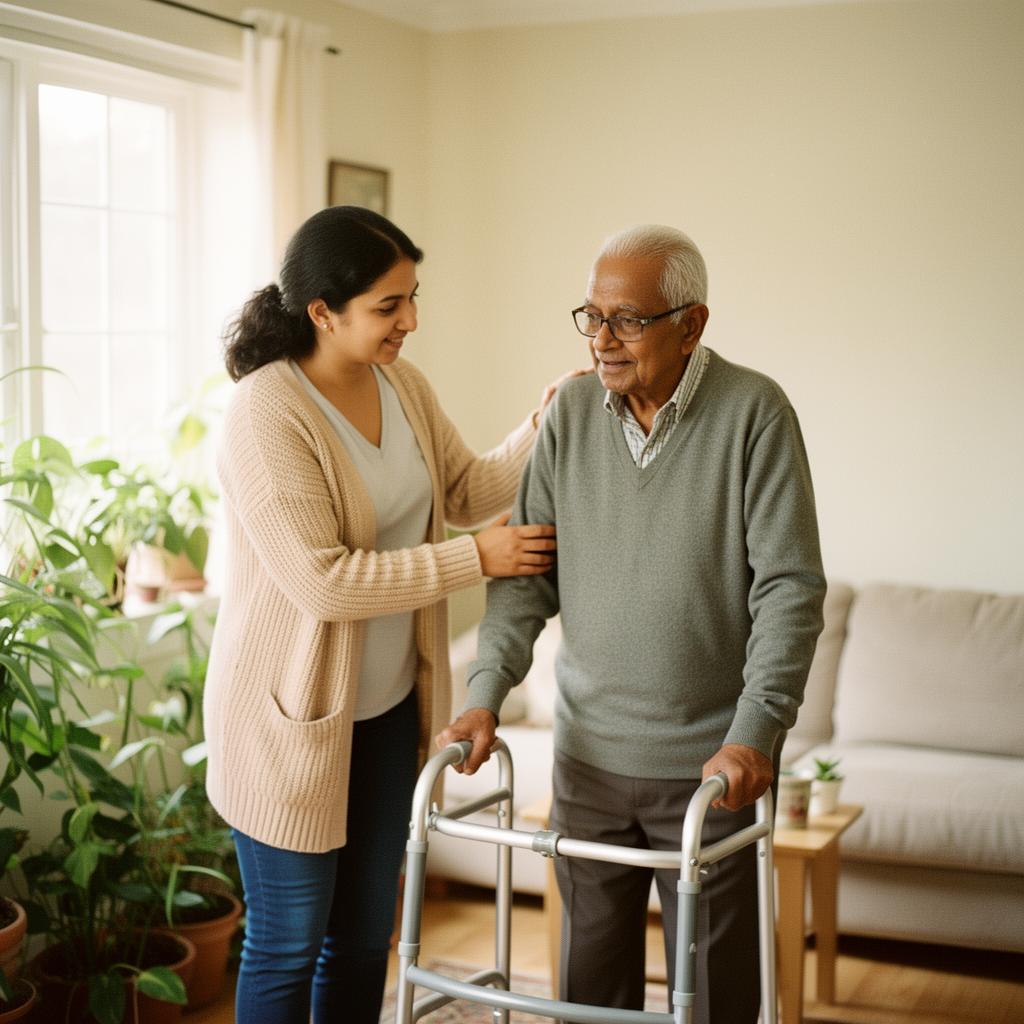 Caregiver supporting an elderly man using a walker