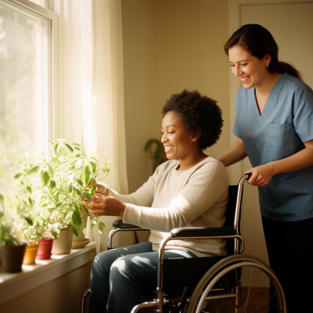 Caregiver assisting a wheelchair user tending plants by a sunny window